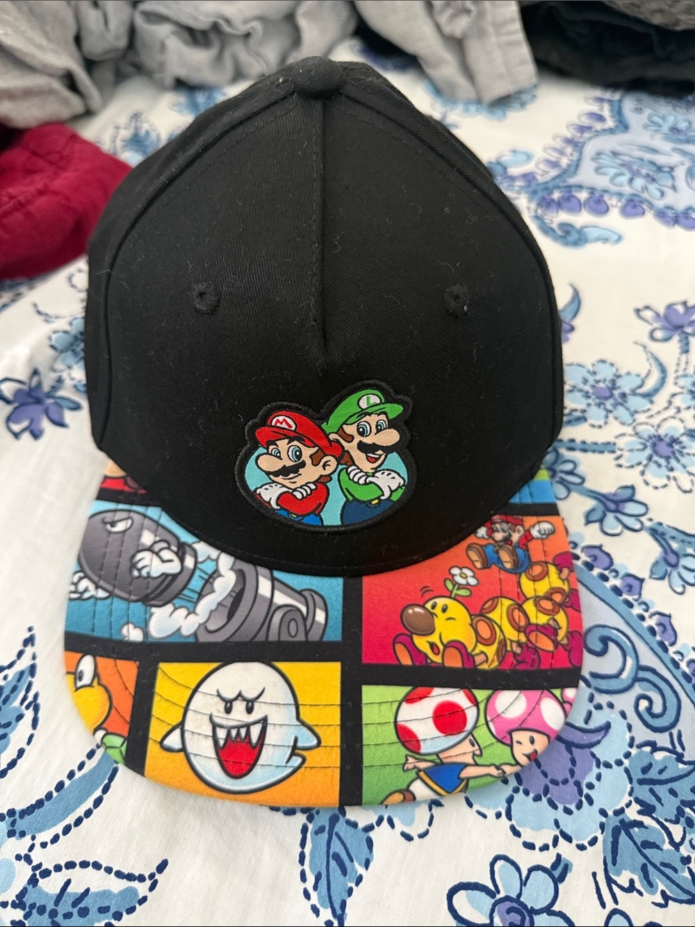 Black Kids Super Mario Patch Cap with Colorful Brim